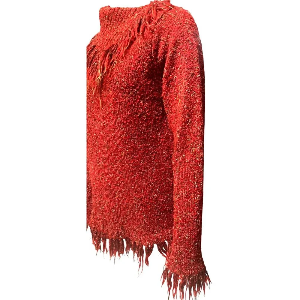 Cato Size S Rusted Red Boucle Fringe Mockneck Sweater Cozy Western Cowgirlcore - Picture 10 of 12